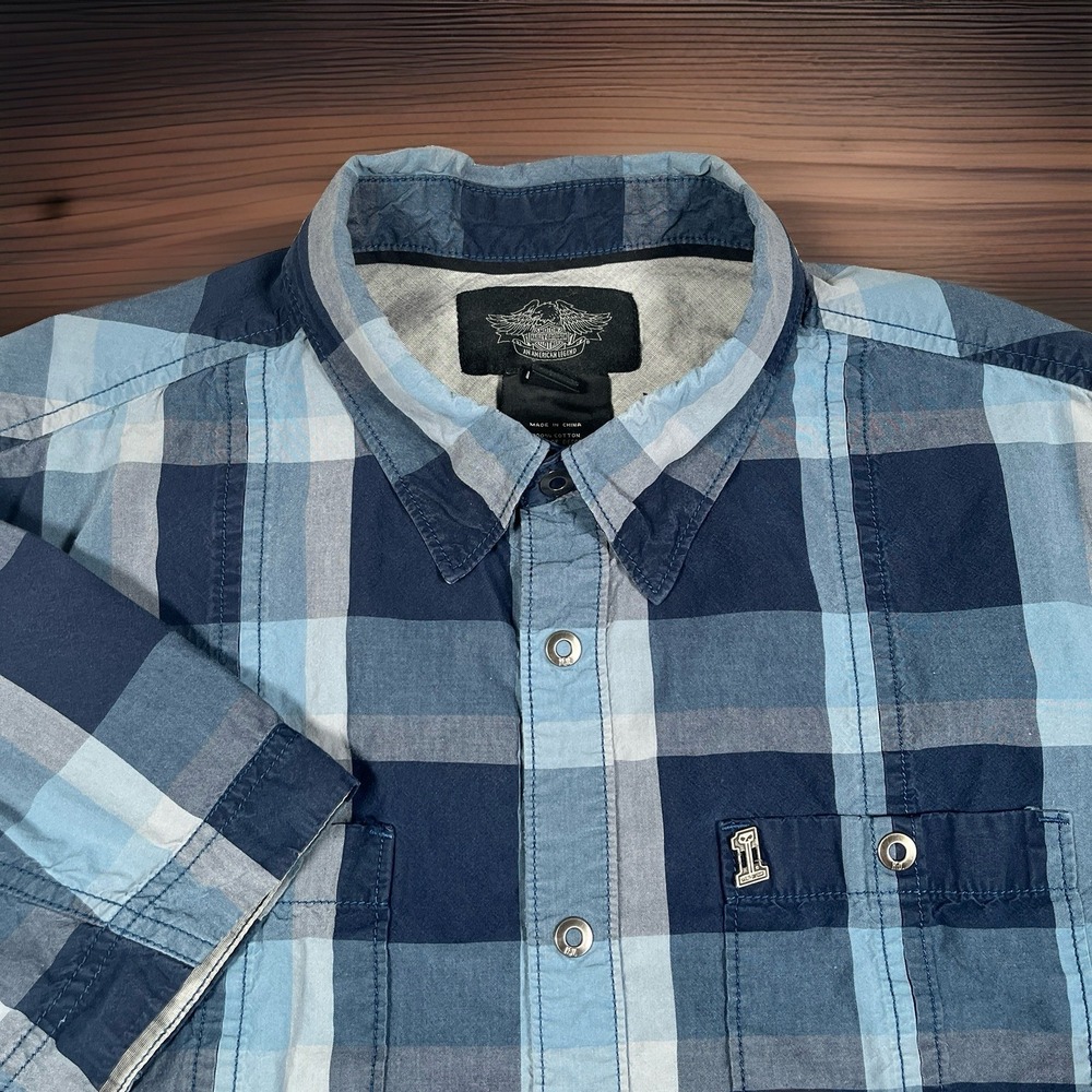 Harley Davidson #1 Skull Snap Up Shirt Men's L Blue Plaid Short Sleeve